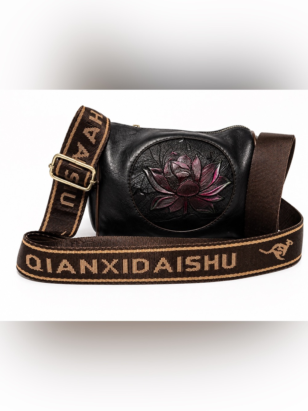 Embossed Lotus Floral Crossbody Bag Black Wide Strap Boho Wearable Art Purse - Picture 4 of 9